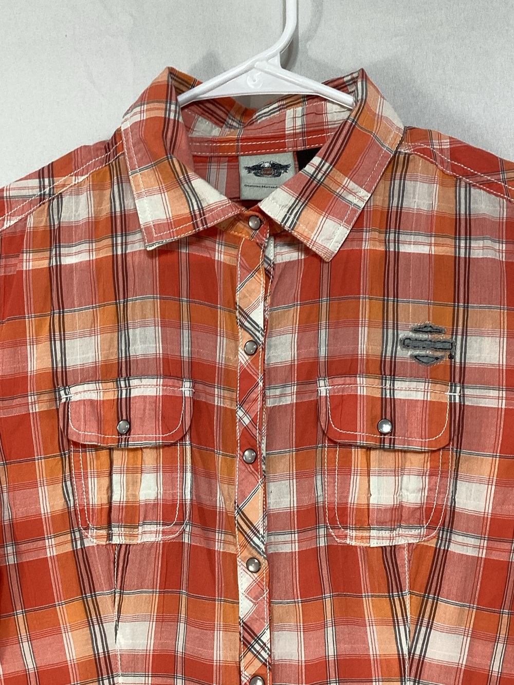 Harley-Davidson Medium Orange Plaid Short-Sleeve Button UpShirt - Picture 2 of 10